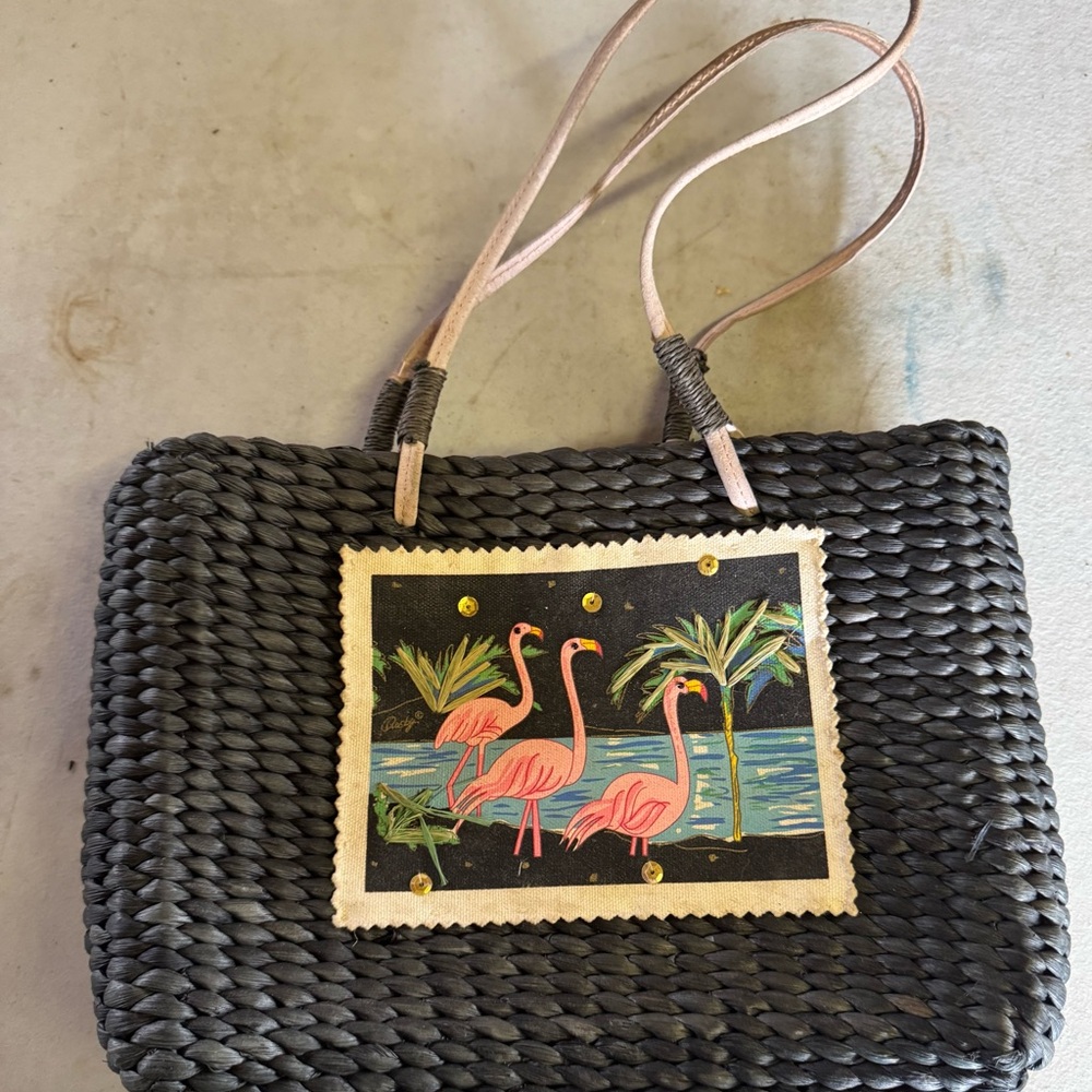 Sun + sand Black Woven Beach Tote with Flamingo Design